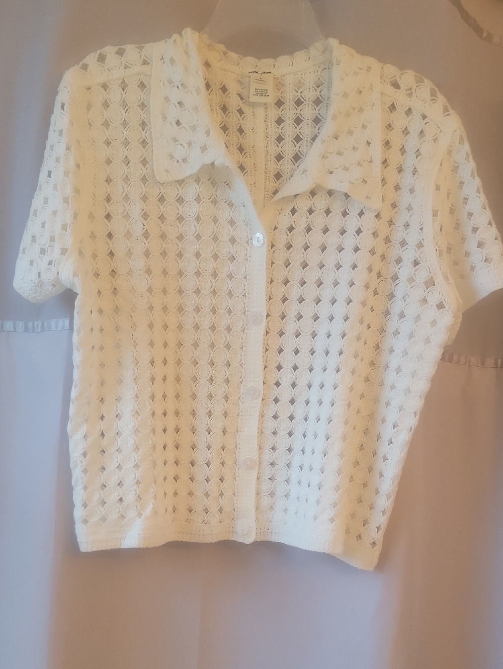 Ultra Pink White Crochet Button-Front Summer Cardigan, Size XL, 100% Cotton